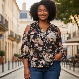 Ember Missy Women s Blousese Floral Print Long Sleeve Shoulder Cut-out Small